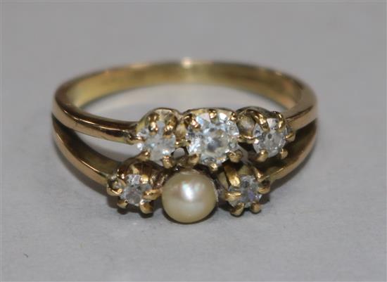 A yellow metal, seed pearl and diamond set two row dress ring, size O.